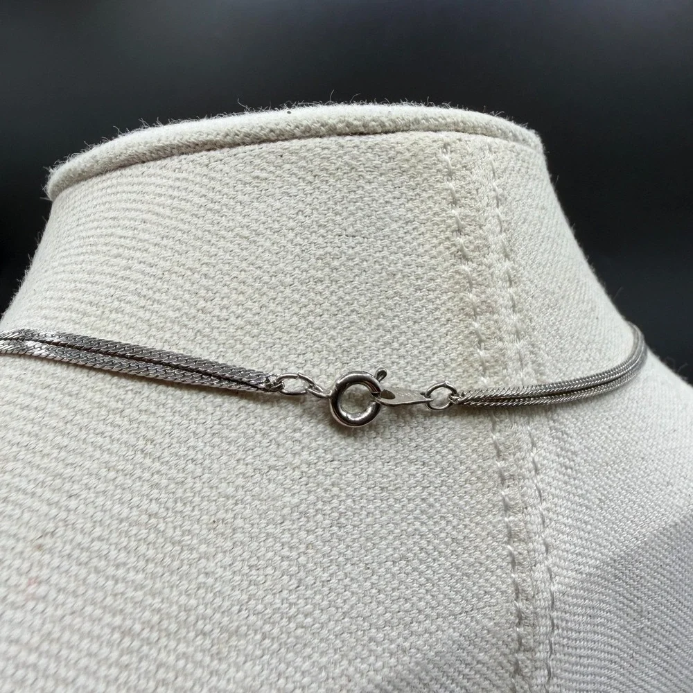 Silver Tone Double Strand Herringbone Chain Necklace Layered Minimalist Jewelry